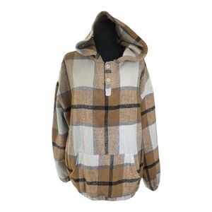 BEAUTS AND BEAUS Women’s L Pullover Hoodie Thick Flannel Tan Plaid